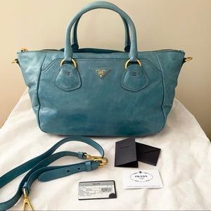 Prada Vitelli Shine Azzurro Tote Bag